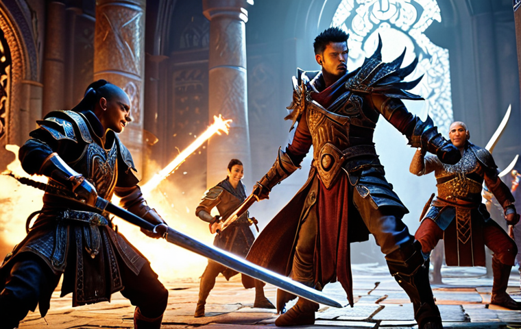 **Lost Ark Vykas Gate 3 Raid:** A diverse team of players (e.g., Warrior, Mage, Assassin, Support) in dynamic action, precisely executing a complex Vykas mechanic like the "Sword Dance" or "Medusa's Gaze" with perfect synchronization. Vykas looms in the background, exuding power. Emphasize focused expressions, coordinated movements, and glowing abilities in a chaotic yet controlled battle scene. High-definition, cinematic lighting, and an intense atmosphere.