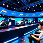 A professional Lost Ark esports team, composed of diverse individuals, wearing modest and appropriate team jerseys, intensely focused while competing on a grand stage in a brightly lit, futuristic esports arena. Large screens display game action in the background, with a blurred, cheering crowd visible. The players exhibit perfect anatomy, correct proportions, and natural poses, with well-formed hands and proper finger count. The scene is captured with professional photography, showcasing high detail, vibrant colors, and cinematic lighting. fully clothed, appropriate attire, safe for work, appropriate content, family-friendly.