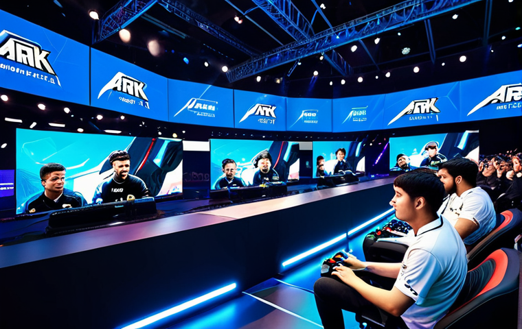 A professional Lost Ark esports team, composed of diverse individuals, wearing modest and appropriate team jerseys, intensely focused while competing on a grand stage in a brightly lit, futuristic esports arena. Large screens display game action in the background, with a blurred, cheering crowd visible. The players exhibit perfect anatomy, correct proportions, and natural poses, with well-formed hands and proper finger count. The scene is captured with professional photography, showcasing high detail, vibrant colors, and cinematic lighting. fully clothed, appropriate attire, safe for work, appropriate content, family-friendly.