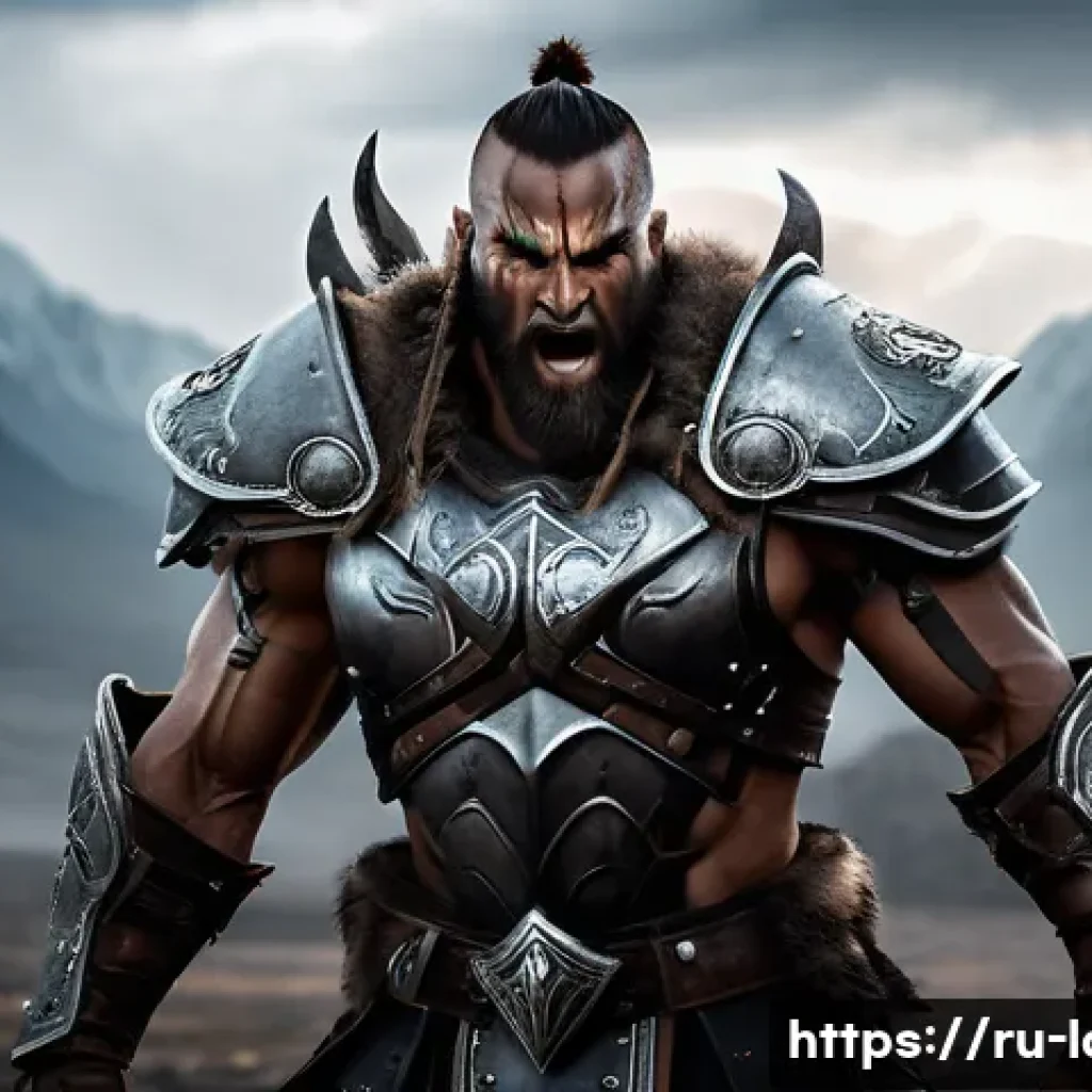 로스트아크 버서커 스킬 트리 - A fierce berserker warrior in dynamic battle stance on a rugged battlefield, wearing detailed leathe...