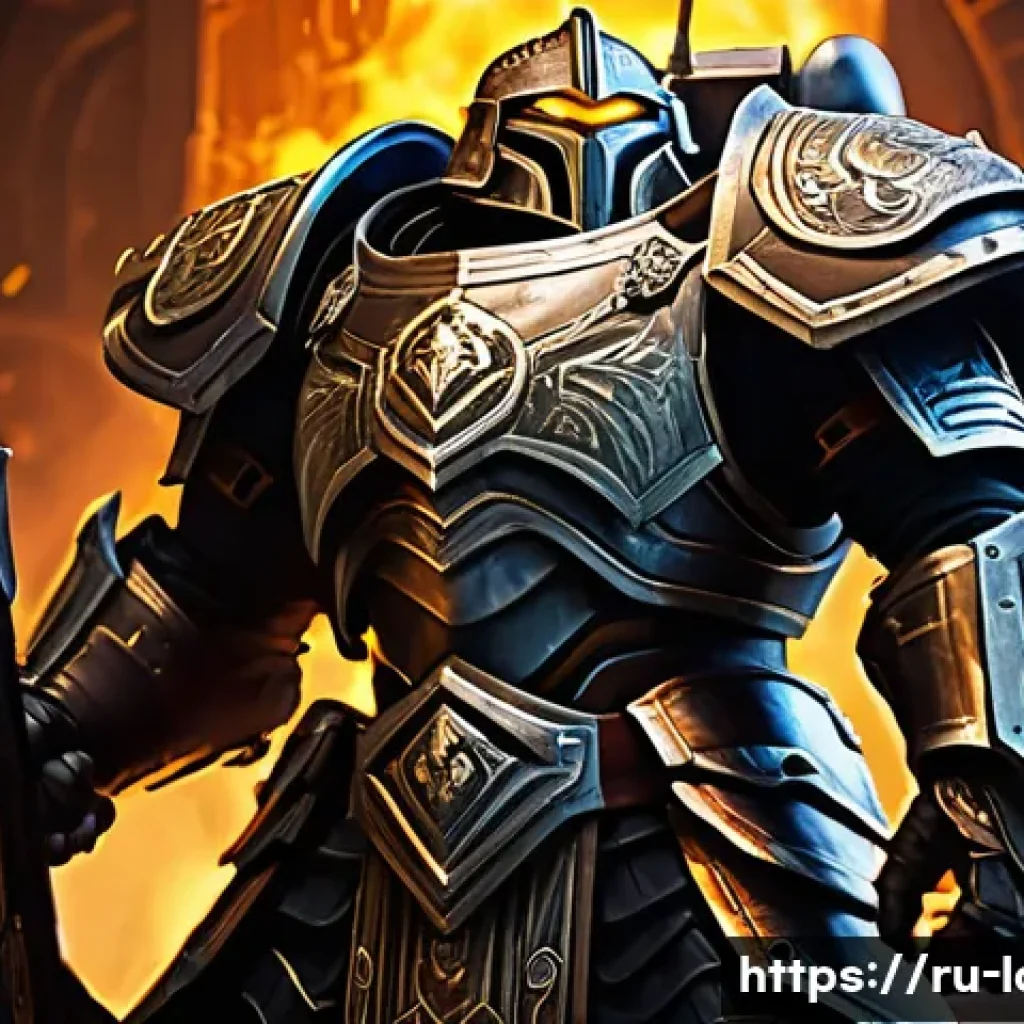 로스트아크 워로드 탱킹 팁 - A powerful Warlord tank clad in heavy, intricately detailed armor with reinforced plates and glowing...