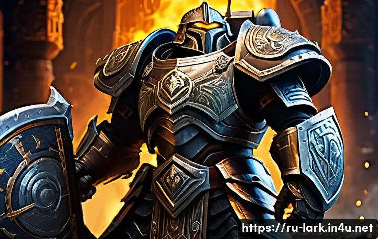 로스트아크 워로드 탱킹 팁 - A powerful Warlord tank clad in heavy, intricately detailed armor with reinforced plates and glowing...