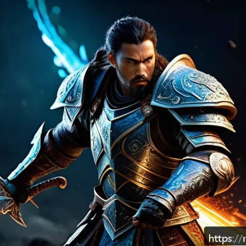 Home 17 로스트아크 초보자 추천 클래스 - A dynamic fantasy warrior character in mid-battle stance, wearing intricately designed heavy armor w...