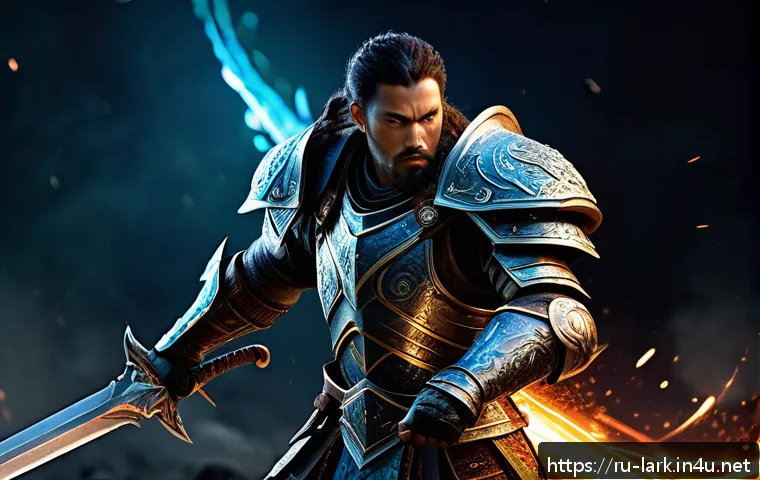 로스트아크 초보자 추천 클래스 - A dynamic fantasy warrior character in mid-battle stance, wearing intricately designed heavy armor w...
