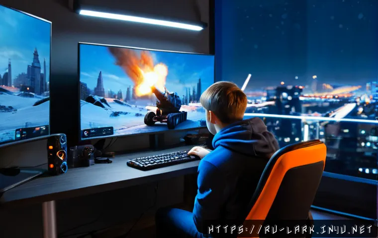 Home 17 로스트아크 블래스터 운영법 - Photorealistic young Russian male gamer in a modern Moscow apartment, focused at a clean gaming desk...